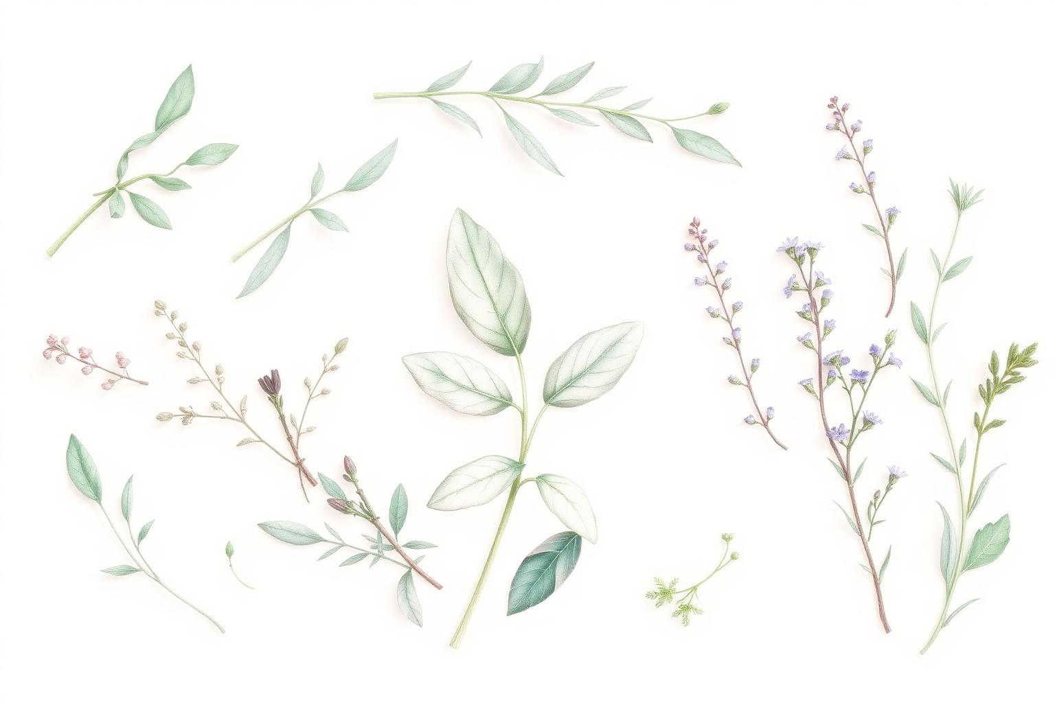 Illustration botanique de feuilles de sauge et plantes médicinales